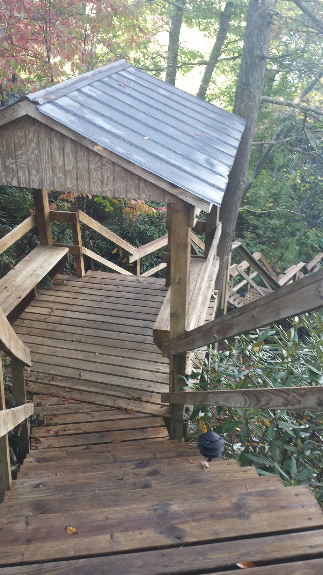 Metal roofed shelter over wooden steps on a wooded walkway — Skylight Repair & Installation work by our crew in Joffre
